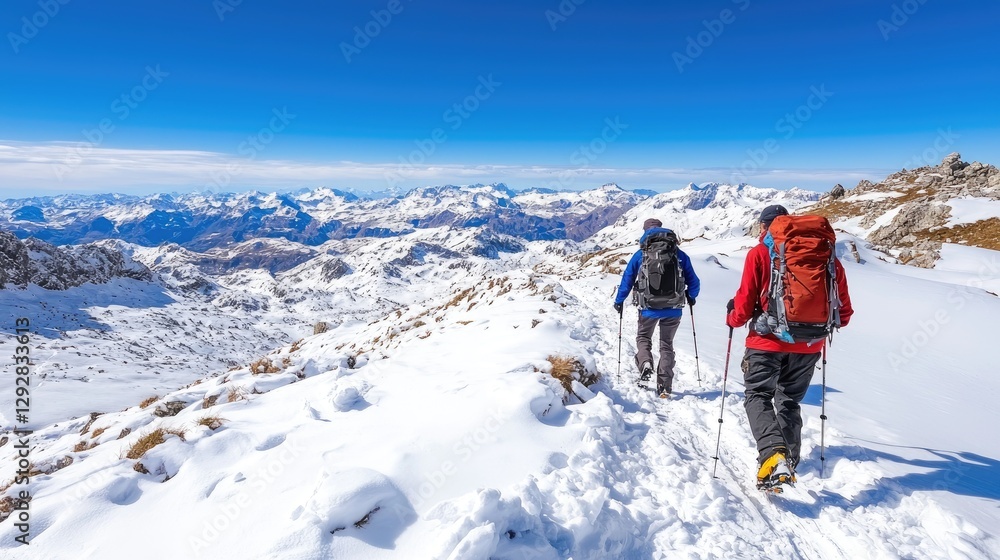 Hikers ascend snowy mountain peak, panoramic view Hikers ascend snowy mountain peak, panoramic view