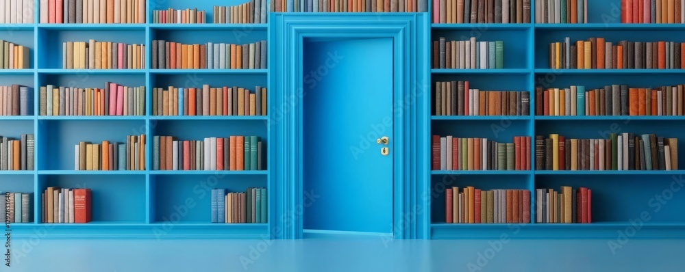 Hidden bookstore with a secret open blue door leading to a fantasy world Hidden bookstore with a secret open blue door leading to a fantasy world