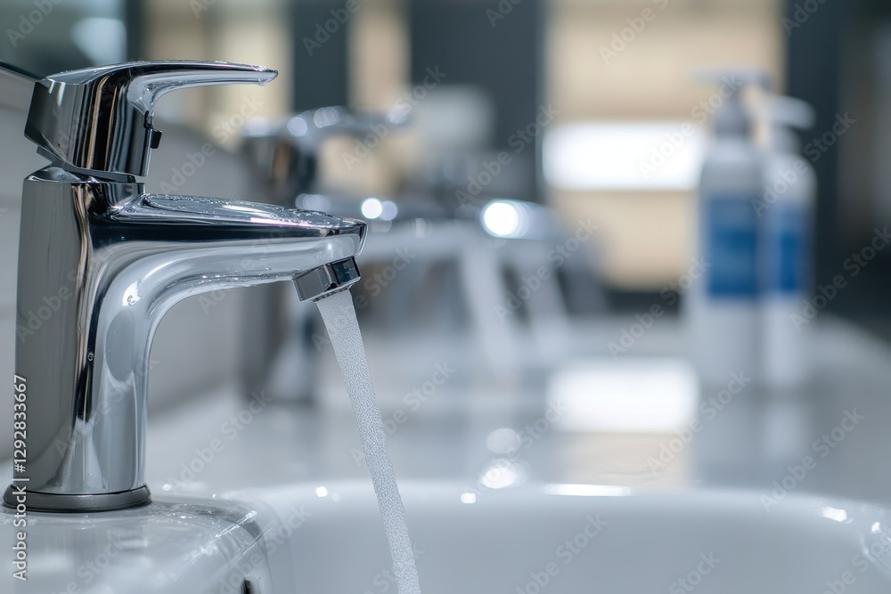 A sink with a faucet a blurred sanitizer bottle and antiseptic dispensers nearby as hands are washed with soap to prevent coronavirus A sink with a faucet a blurred sanitizer bottle and antiseptic dispensers nearby as hands are washed with soap to prevent coronavirus
