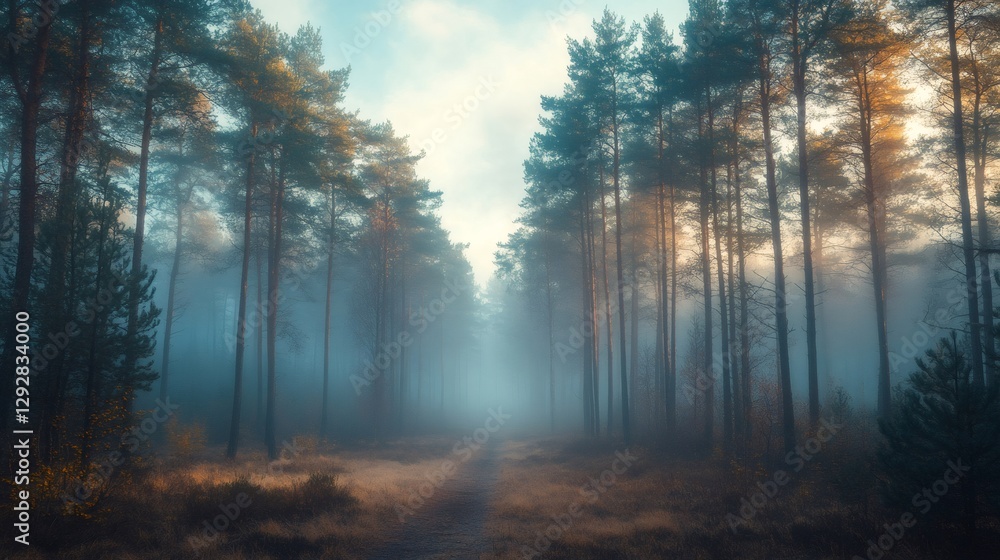 Naklejka premium Path cutting through foggy forest at sunrise creating a mysterious atmosphere