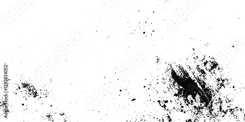overlay texture of grainy grunge surface, Dirt messy splash overlay and Black and white Dusty scratched grunge texture, abstract dotted black particles is arranging randomly on white background.