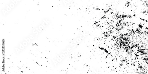 overlay texture of grainy grunge surface, Dirt messy splash overlay and Black and white Dusty scratched grunge texture, abstract dotted black particles is arranging randomly on white background.