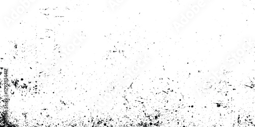 overlay texture of grainy grunge surface, Dirt messy splash overlay and Black and white Dusty scratched grunge texture, abstract dotted black particles is arranging randomly on white background.