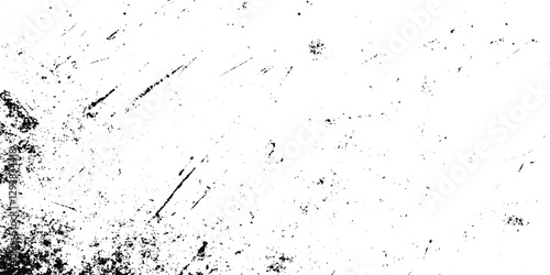 overlay texture of grainy grunge surface, Dirt messy splash overlay and Black and white Dusty scratched grunge texture, abstract dotted black particles is arranging randomly on white background.