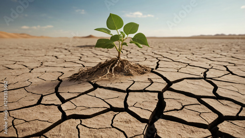 Climate Change – A dried, cracked riverbed stretching into the horizon, with a single green sapling struggling to grow.