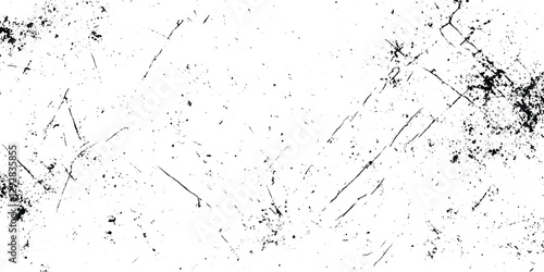 overlay texture of grainy grunge surface, Dirt messy splash overlay and Black and white Dusty scratched grunge texture, abstract dotted black particles is arranging randomly on white background.