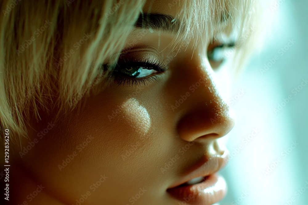 Fototapeta premium Commercial ad campaign visual idea. Short haircut - blond hair. Stunning calm mixed-race girl - for ads, drive poster and social platforms use. Vibrant fashion portraits. Chic haircuts.