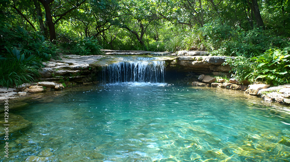 Serene waterfall cascades into clear pool, lush green forest background Serene waterfall cascades into clear pool, lush green forest background