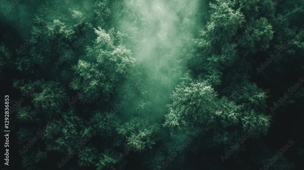 Fototapeta premium Aerial view misty forest, sunlight, nature, background, design