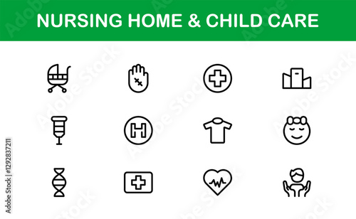 Nursing Home and Child Care Icon Set. Premium Icons for Senior Care, Elderly Assistance, Childcare, and Family Support