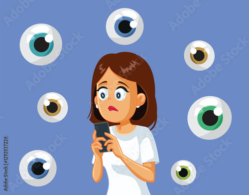 Woman Dealing with Online Surveillance on Her Phone Vector Illustration. Stressed person being watched on her smartphone by automated algorithms 
