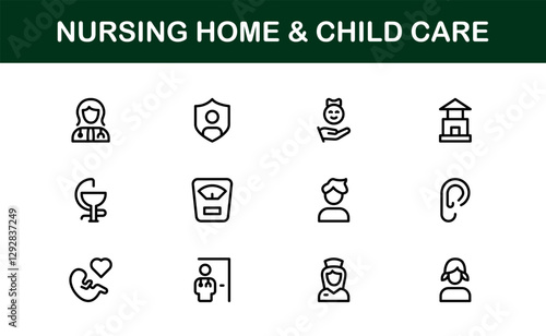 Nursing Home and Child Care Icon Set. Premium Icons for Senior Care, Elderly Assistance, Childcare, and Family Support