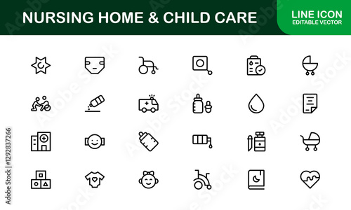 Nursing Home and Child Care Icon Set. Premium Icons for Senior Care, Elderly Assistance, Childcare, and Family Support