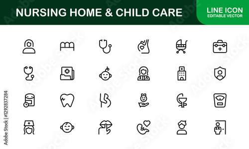 Nursing Home and Child Care Icon Set. Premium Icons for Senior Care, Elderly Assistance, Childcare, and Family Support