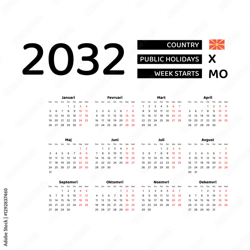 Calendar 2032 Macedonian language with Macedonia public holidays. Week starts from Monday. Graphic design vector illustration. Calendar 2032 Macedonian language with Macedonia public holidays. Week starts from Monday. Graphic design vector illustration.