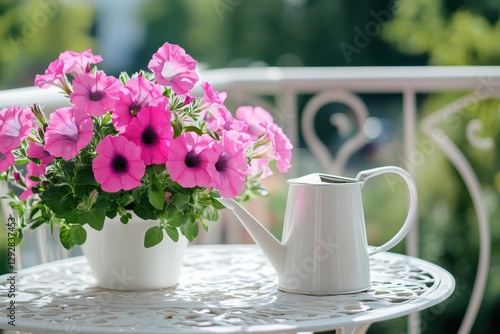 Wallpaper Mural A table holds lovely pink Petunia flowers and a white watering can surrounded by metal furniture on a sunny summer balcony Torontodigital.ca