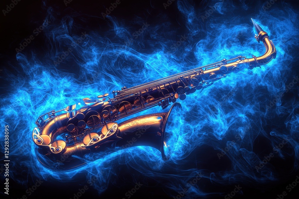 Obraz premium Saxophone engulfed in blue smoke, detailed and vibrant. Perfect for music, jazz, or artistic projects needing a cool, smoky vibe.