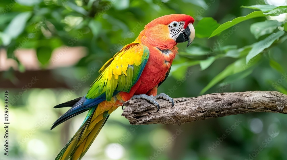 Colorful parrot perched on tree branch in tropical forest wildlife photography lush green environment vibrant colors Colorful parrot perched on tree branch in tropical forest wildlife photography lush green environment vibrant colors
