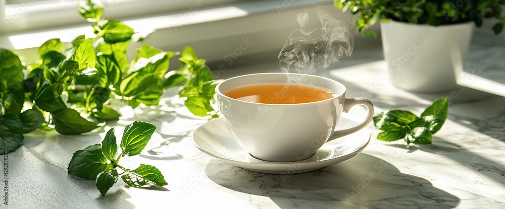 Warm Tea Beside Fresh Herbs on Windowsill Warm Tea Beside Fresh Herbs on Windowsill