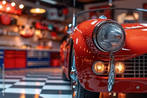 Close-up of a classic red convertible car in a well-organized garage with checkered floor.