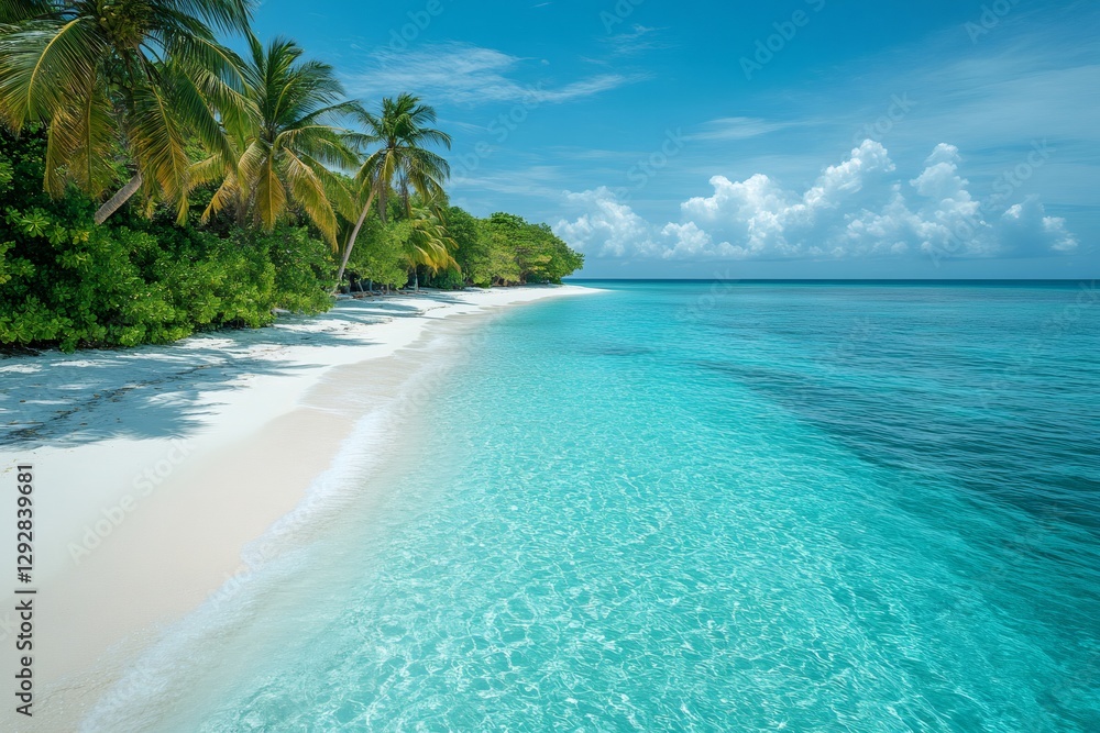 Fototapeta premium Tropical white sand beach meeting turquoise ocean water under blue sky