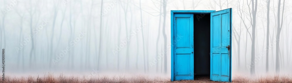 Old abandoned open blue door in a foggy forest, eerie and mysterious atmosphere Old abandoned open blue door in a foggy forest, eerie and mysterious atmosphere