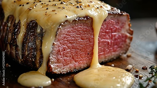 Grilled steak with melted cheese sauce on wooden board