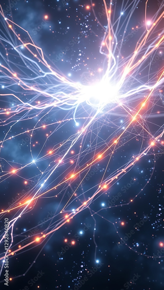 Fototapeta premium A hyper-realistic depiction of time travel, with multiple timelines intersecting, represented as glowing threads weaving through a cosmic void. Perfect for science fiction and theoretical physics the
