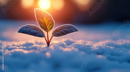 Young green plant sprouting through snow at sunrise with frosty leaves, representing resilience and new beginnings in winter. Nature and growth concept