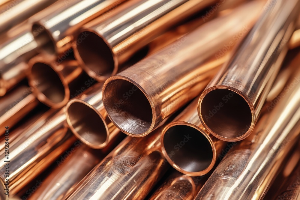 Naklejka premium Assorted copper pipes of varying sizes piled together