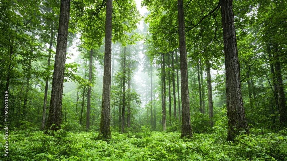 Misty Forest Path Lush green trees, tranquil forest, misty morning, nature background, ideal for travel brochures Misty Forest Path Lush green trees, tranquil forest, misty morning, nature background, ideal for travel brochures