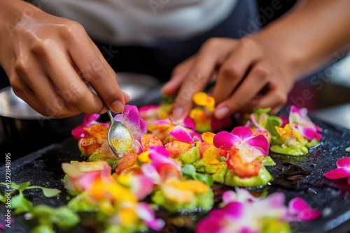 Colorful Edible Flower Garnishing on Gourmet Dish by Skilled Chef