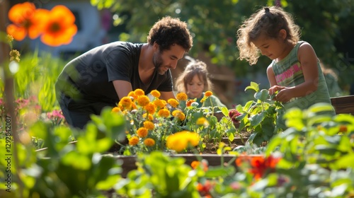 Families interact joyfully while children help cultivate colorful vegetables and flowers, showcasing the essence of sustainable living and community connection in urban gardening