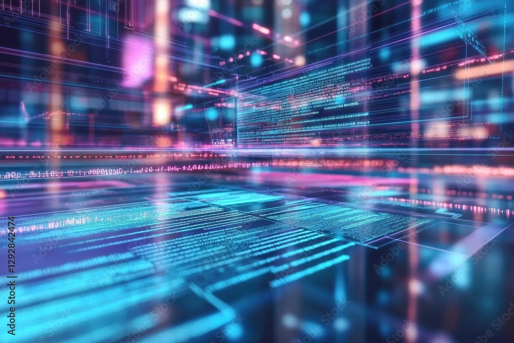 Fototapeta premium Digital abstraction of data streams illuminated in vibrant colors showcases technology in a modern virtual environment. Generative AI