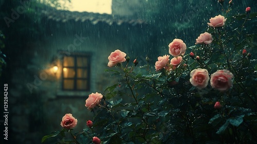 Pink roses rain garden house night