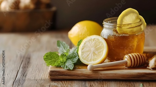 Ginger tea honey lemon and mint leaves on wooden