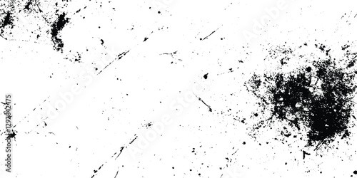 overlay texture of grainy grunge surface, Dirt messy splash overlay and Black and white Dusty scratched grunge texture, abstract dotted black particles is arranging randomly on white background.
