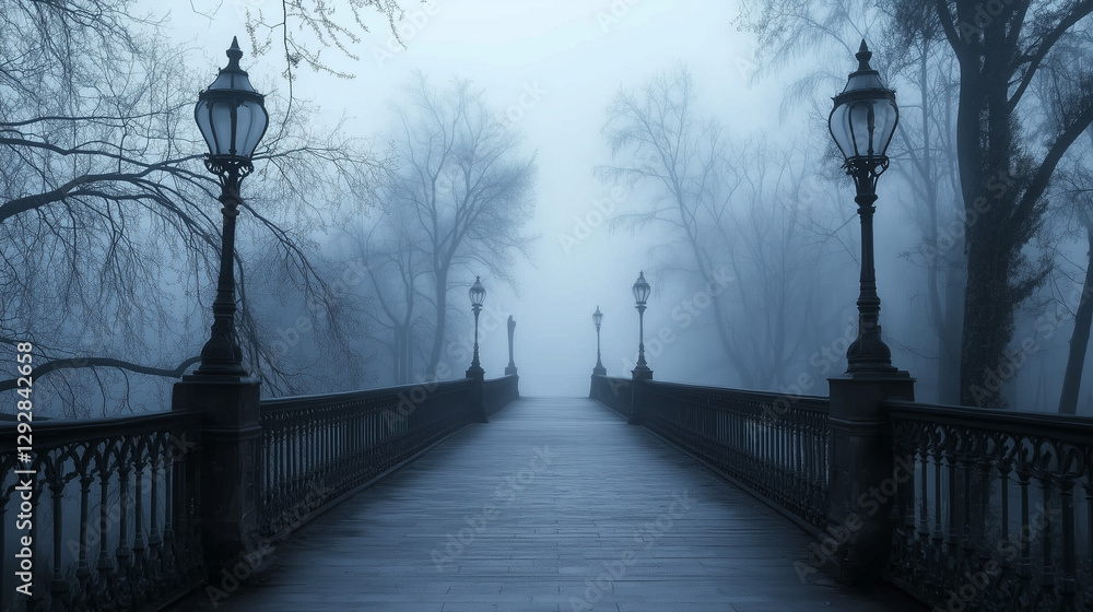 Fototapeta premium Mystical Bridge in Fog: A long, ornate bridge disappears into a heavy, ethereal fog, lined with vintage street lamps, creating a sense of mystery and solitude.