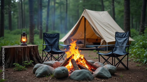 A forest clearing with a tent in the background. A bonfire is burning in front of the tent, surrounded by rocks. There are two folding chairs on either side of the campfire. There is a lantern with a 