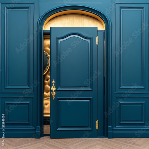 Opera house dressing room with an open blue door, luxurious velvet and golden mirrors inside photo