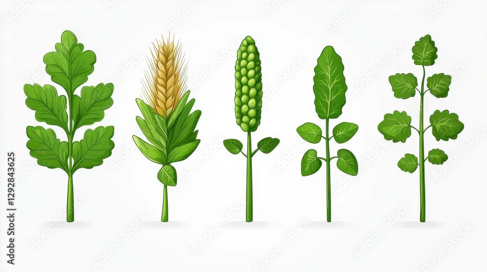 Fototapeta premium Collection of various green plant leaves on a white isolated background.