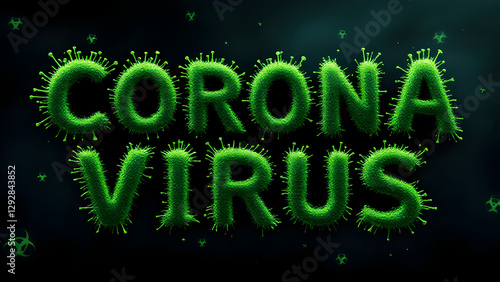 Corona virus text in virus spikes font in green colour on floating viruses background. photo