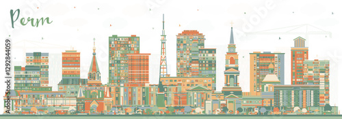Perm Russia city skyline with color buildings. Perm cityscape with landmarks. Business travel and tourism concept with modern and historic architecture.