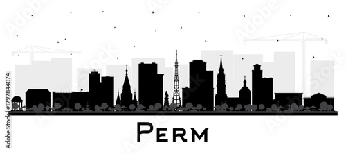 Perm Russia city skyline silhouette with black buildings isolated on white. Perm cityscape with landmarks. Business travel and tourism concept with modern and historic architecture.