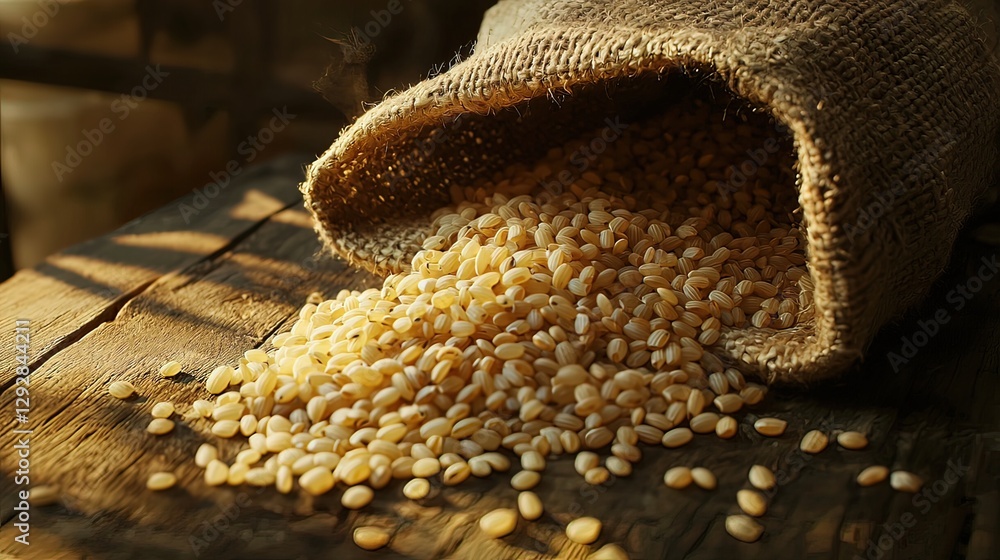 Sunlit burlap sack overflowing with pearl barley grains on rustic wooden surface. Sunlit burlap sack overflowing with pearl barley grains on rustic wooden surface.