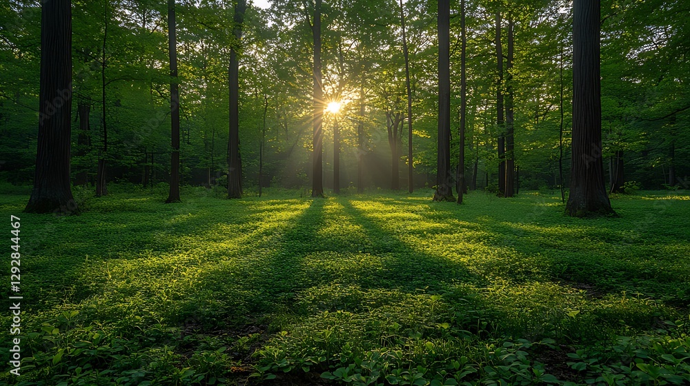 Obraz premium Sunlit forest sunrise, misty meadow, peaceful nature scene, idyllic background
