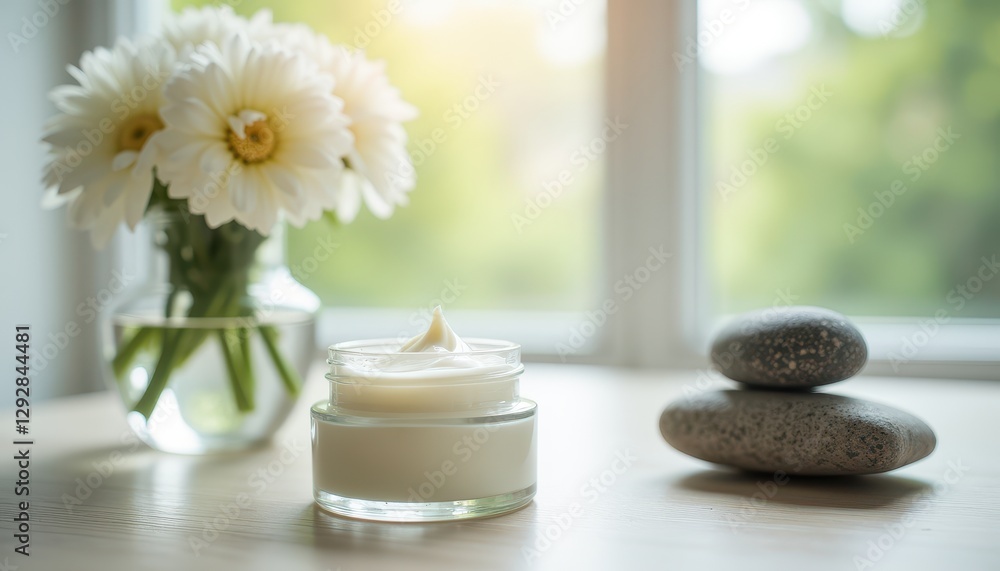 Soft Cream Jar Next to Flowers and Stones by a Window Soft Cream Jar Next to Flowers and Stones by a Window