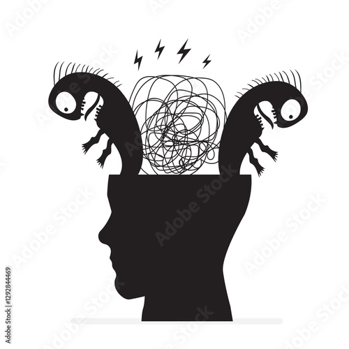 Fear, phobia shown as scary black monster shadows in human head. Concept of mental disorder, burnout, phobia or panic attacks. Design isolated on white background.