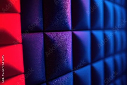 Background of soundproof panels illuminated in red and blue with music photo