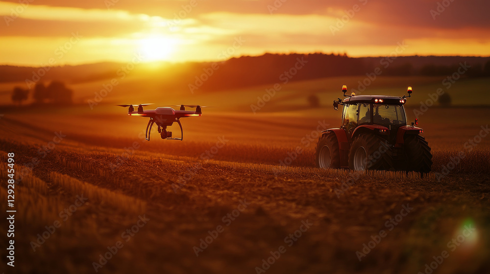 Fototapeta premium tractor and drone in sunset over field landscape